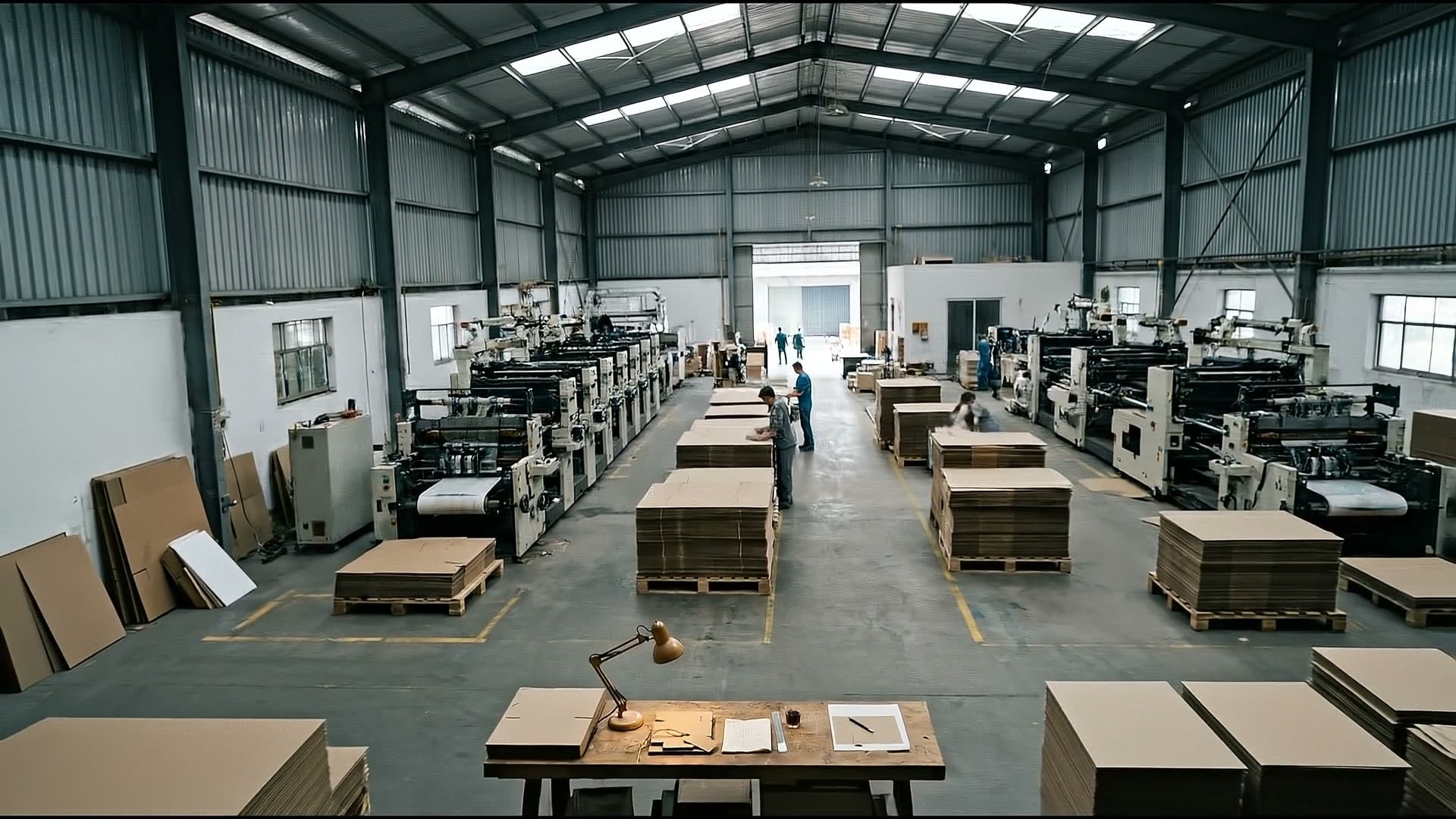 A tagged stack of carton proofs on a workbench, the printing hall stretching away beyond.