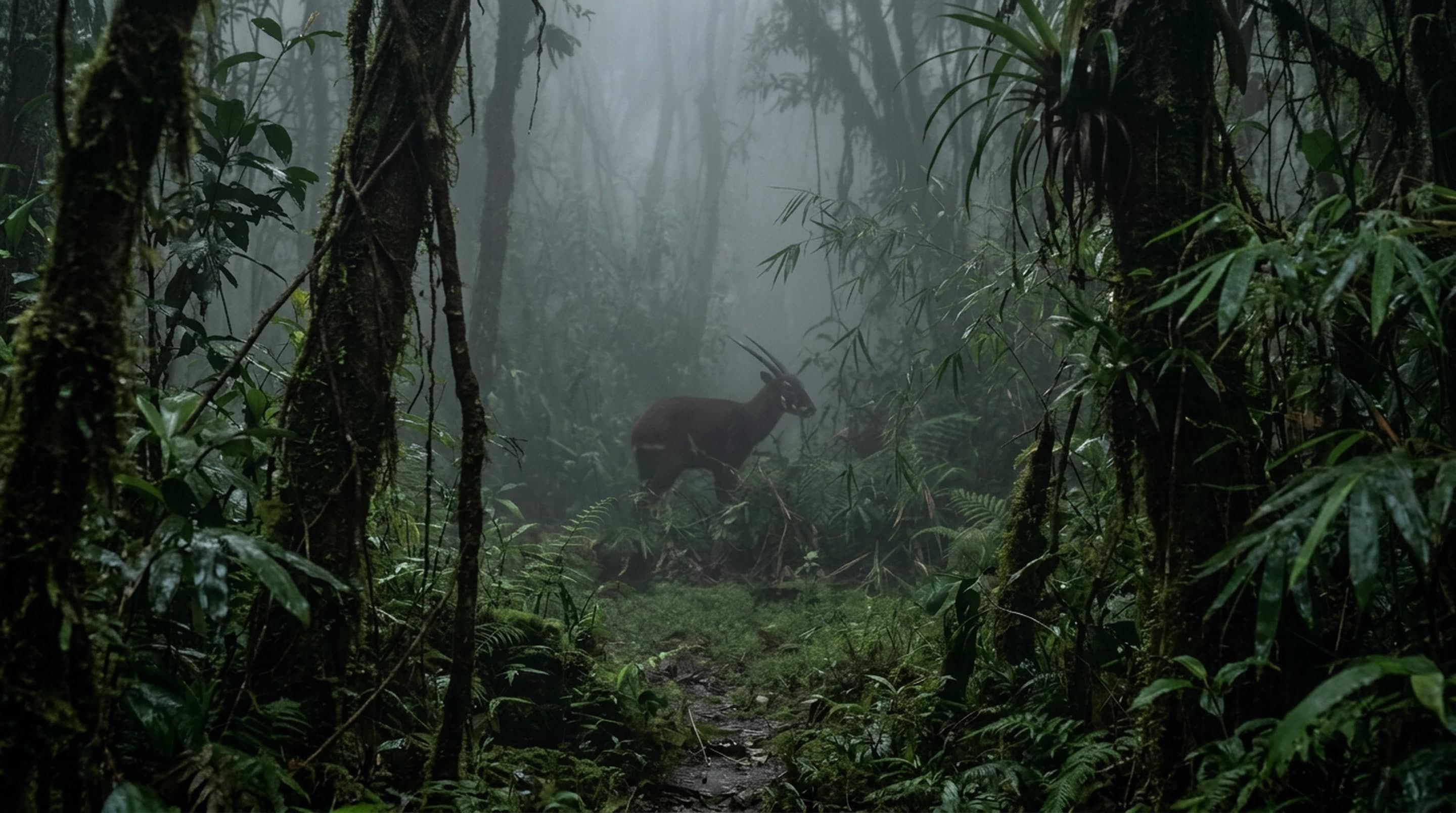 A saola, half-glimpsed in the mist of the Annamite forest