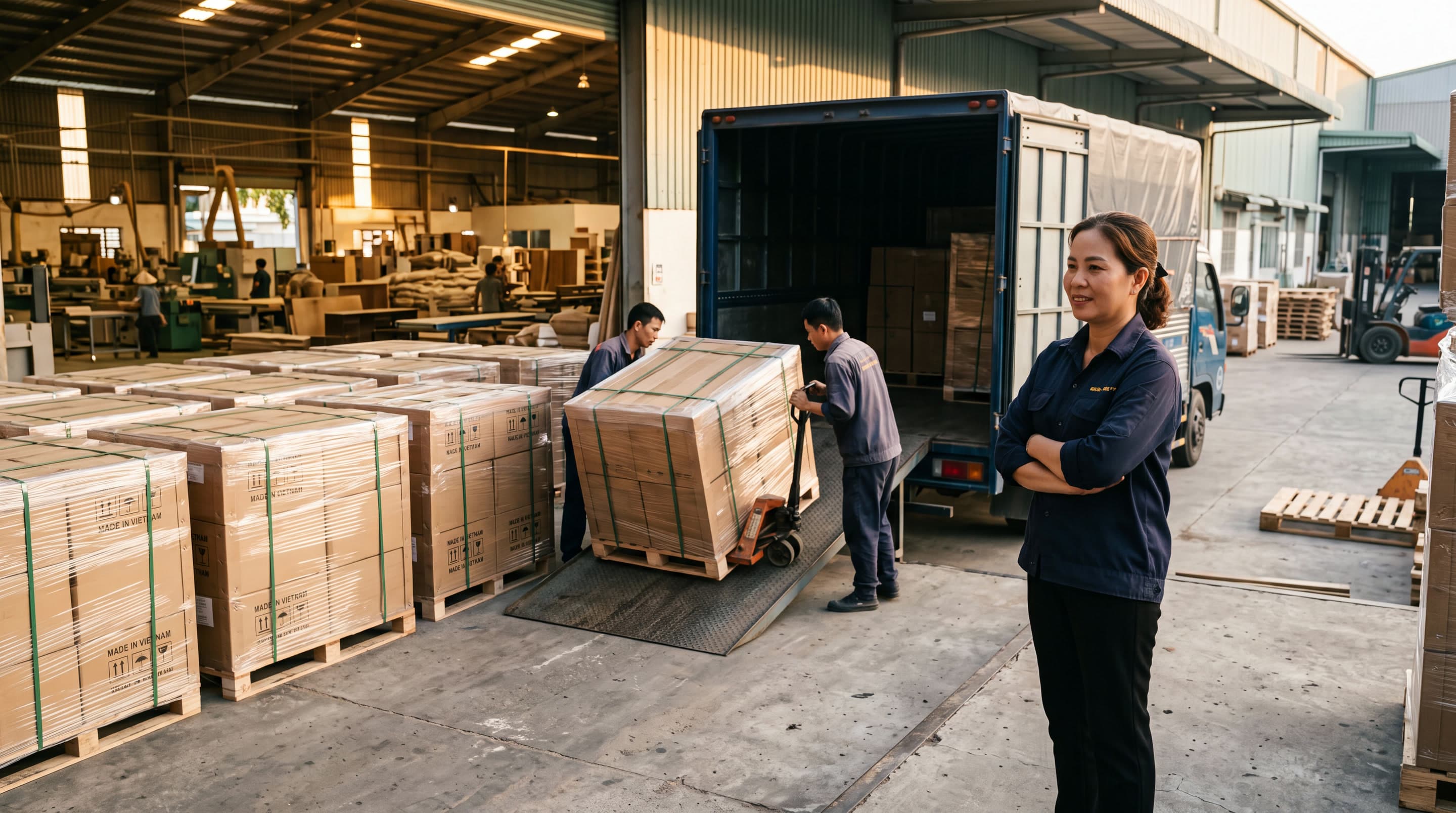 Export-ready pallets leaving a Vietnamese factory dock at golden hour