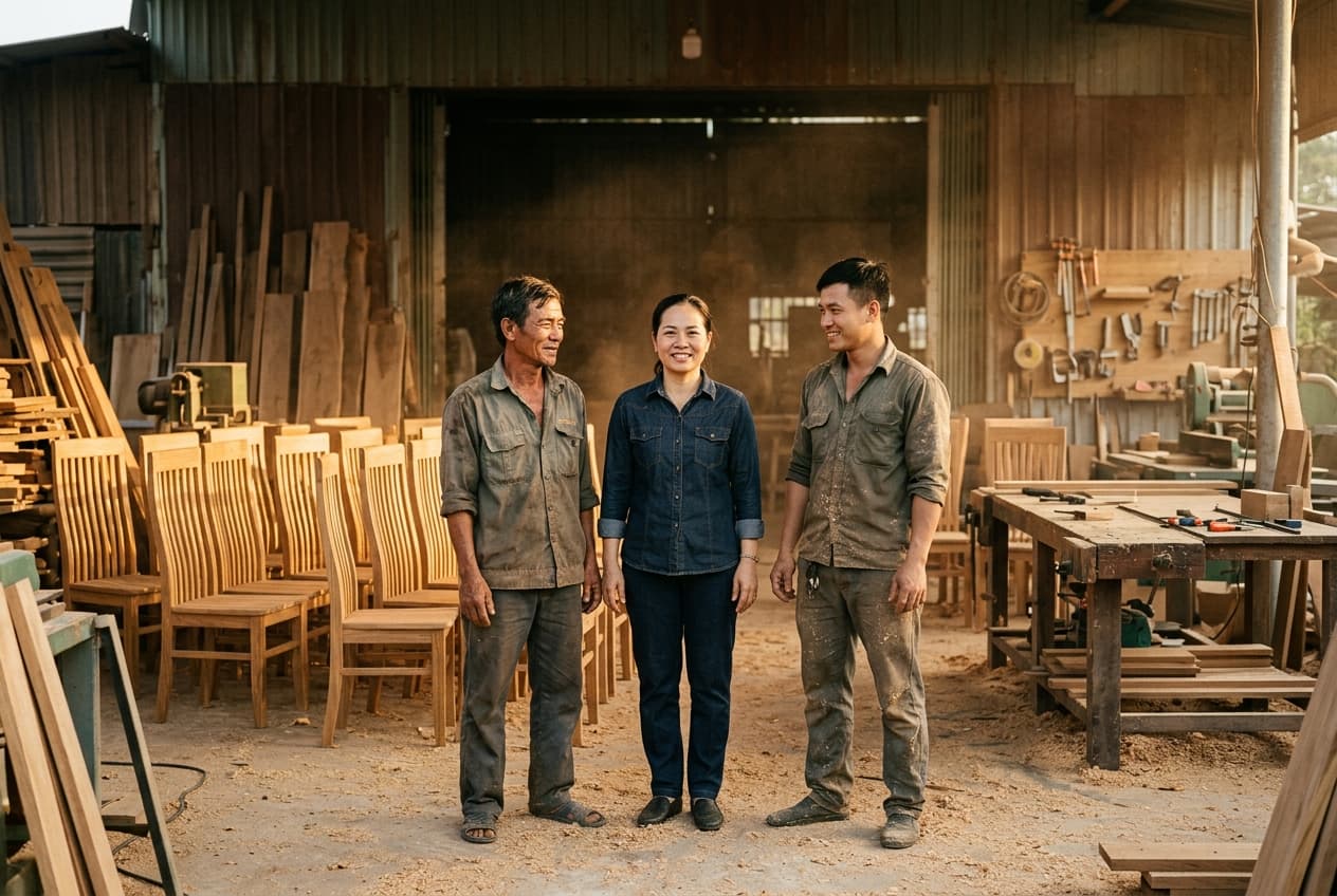 A Vietnamese factory owner at the door of his workshop
